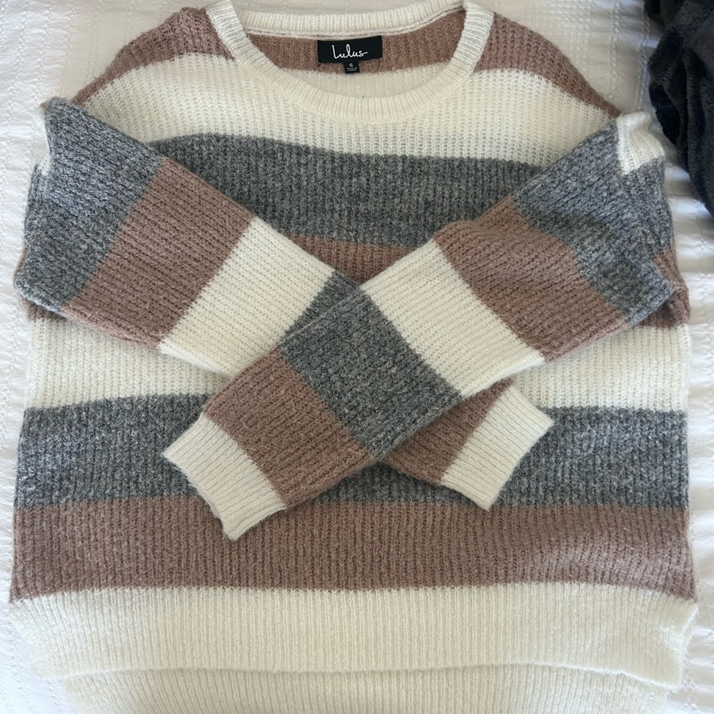 Lulu's Cozy Striped Sweater - Cream, Gray, and Brown